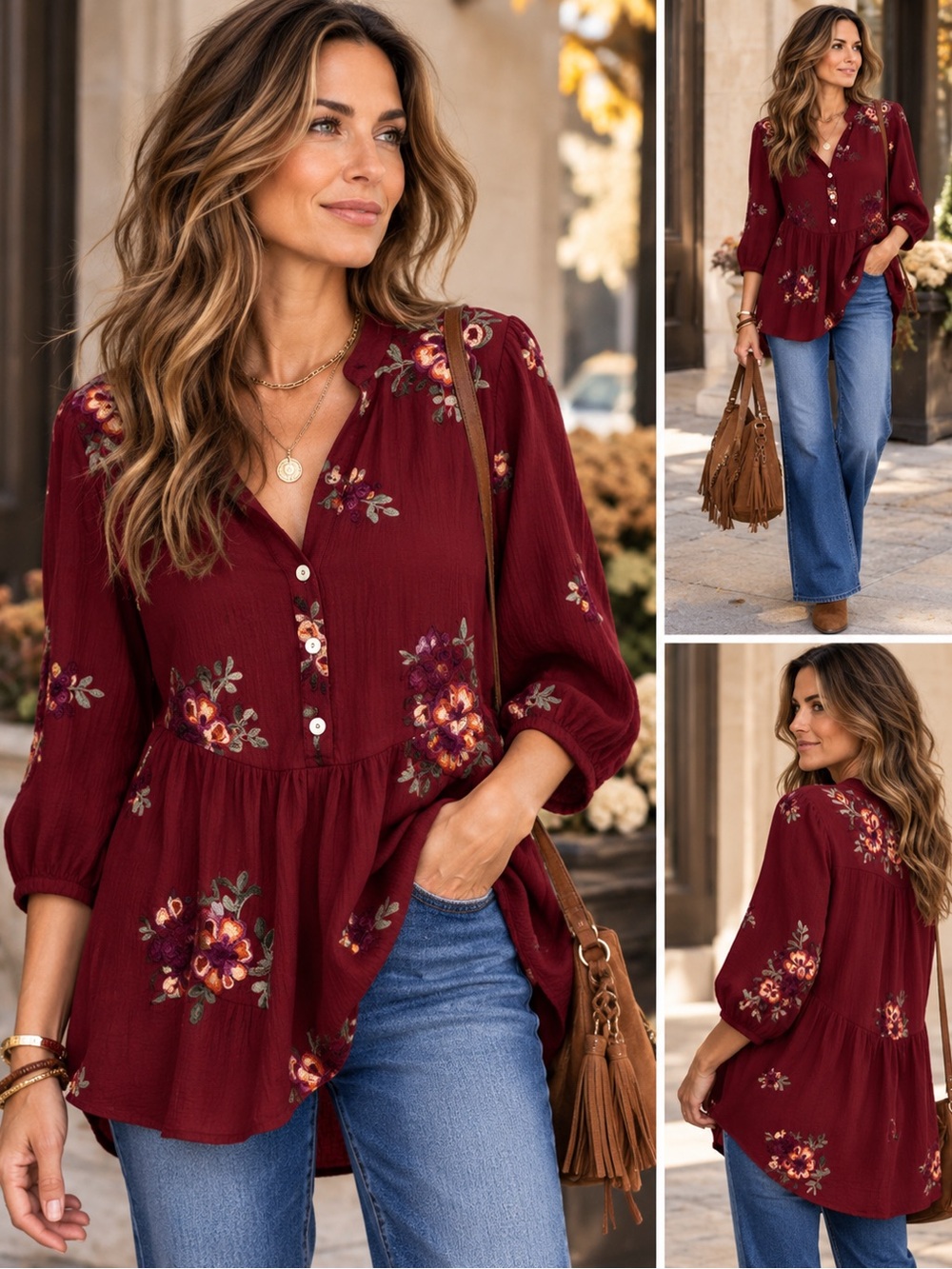 Figueroa & Flower Burgundy Embroidered Floral Tunic Blouse M
